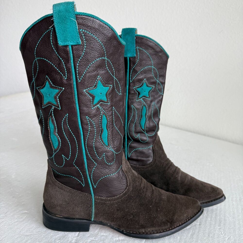 Brown Suede & Leather Cowboy Boots Turquoise Star Embroidery Women’s Size 38